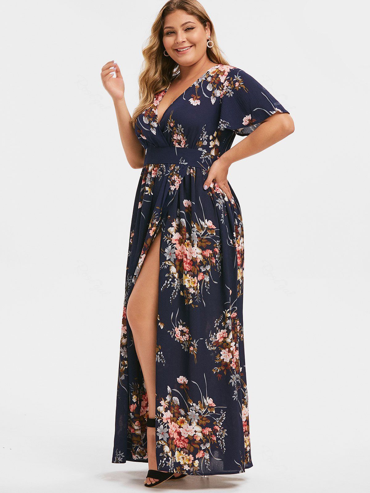 Plus Size Low Cut Split Floral Maxi Dress