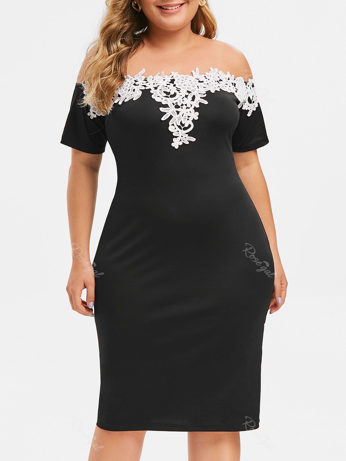 

Plus Size Off The Shoulder Lace Panel Bodycon Dress, Black