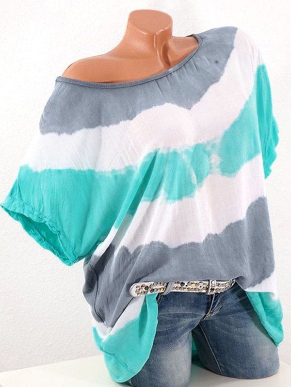 

Plus Size Batwing Sleeve Contrast Color T-shirt, Celeste