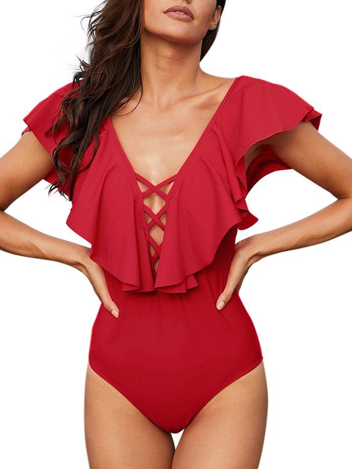 

One-Piece Flounce Criss Cross Plunge Swimsuit, Red wine