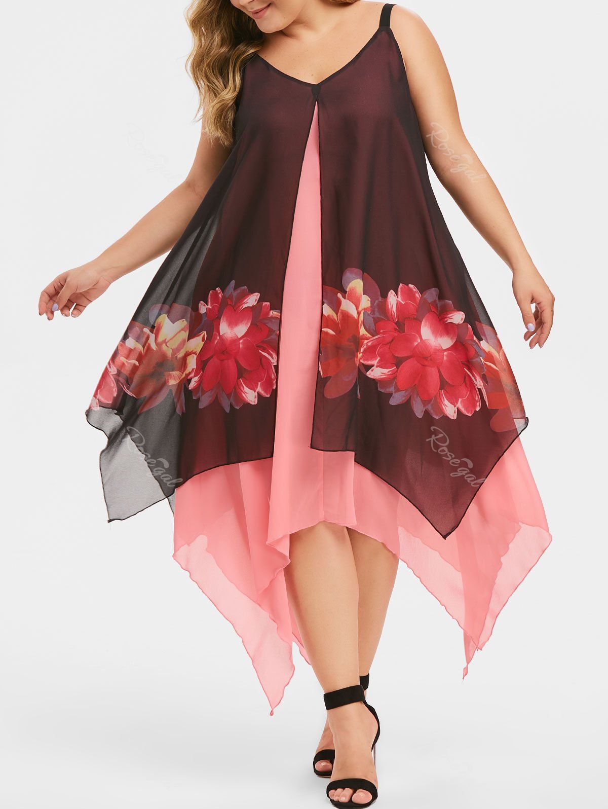 

Plus Size Floral Overlay Handkerchief Dress, Black