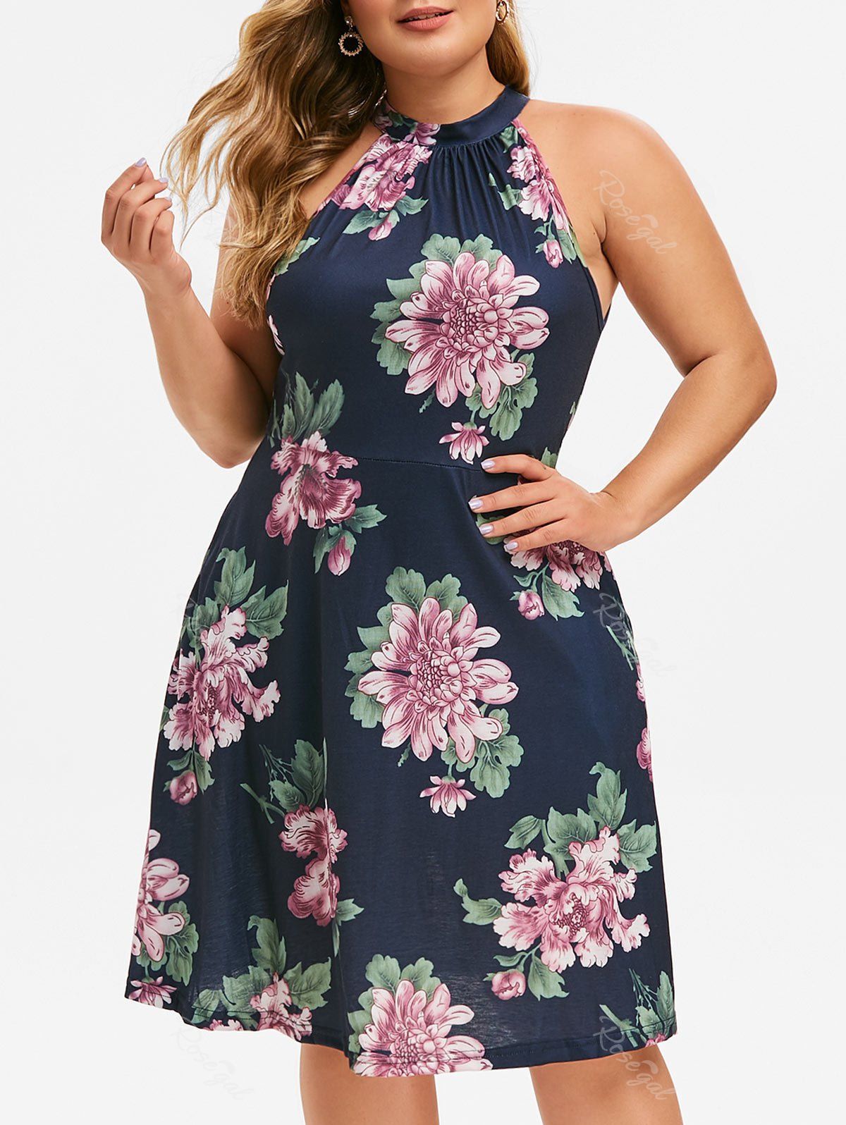 

Keyhole Seam Pockets Floral Plus Size Dress, Blue