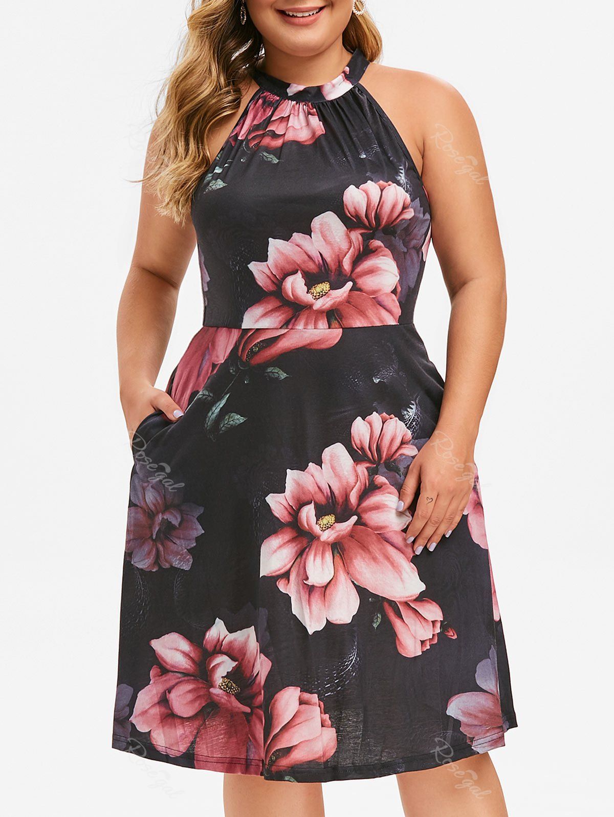 

Keyhole Seam Pockets Floral Plus Size Dress, Black