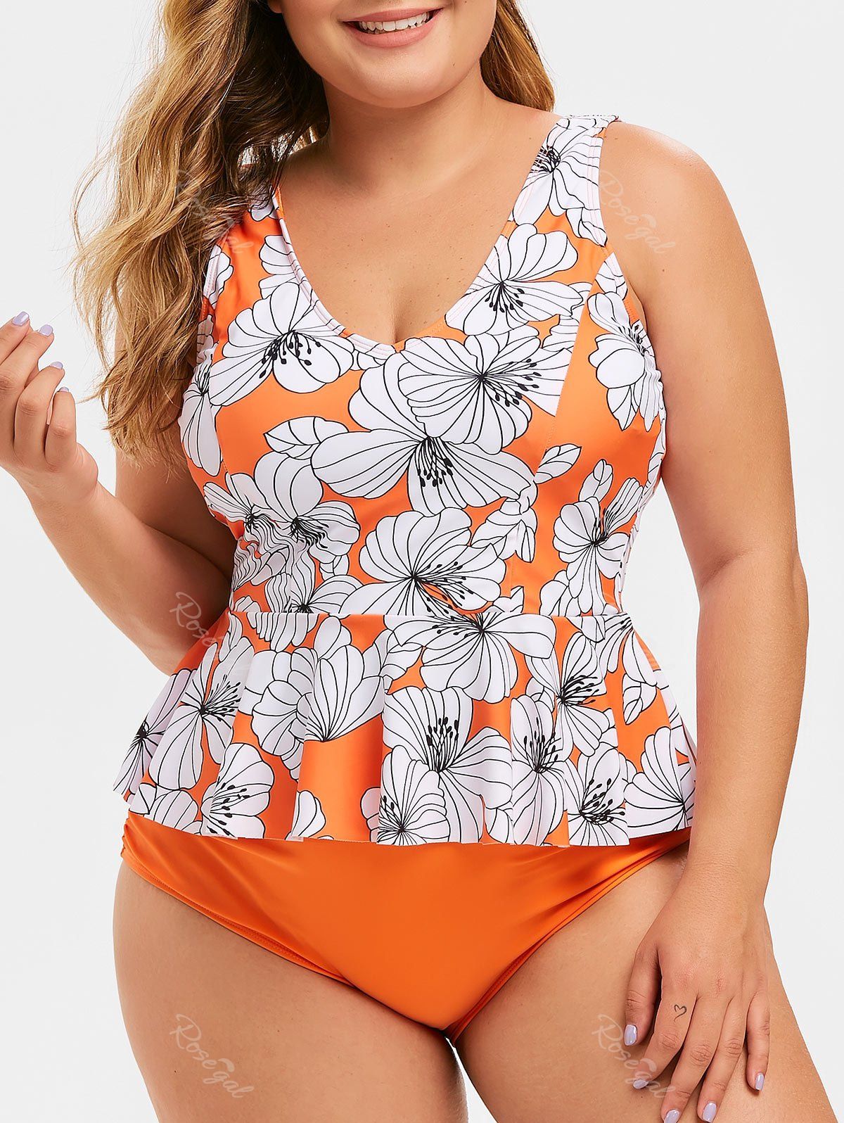 

Plus Size Flower Peplum Tankini Set, Pumpkin orange