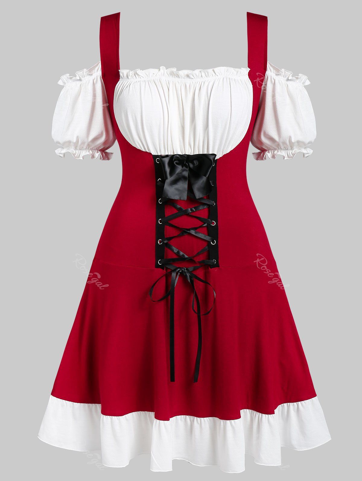 

Plus Size Faux Twinset Lace Up Open Shoulder Dress, Red wine