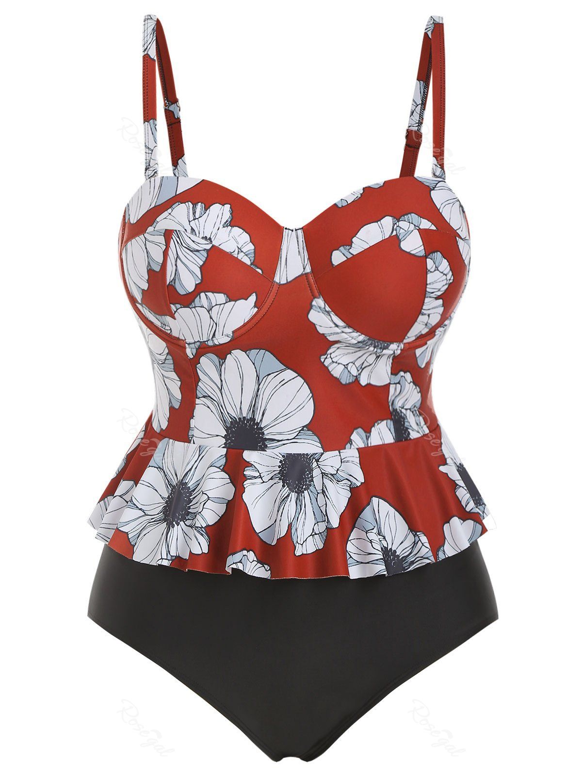 

Contrast Floral Flounces Plus Size Tankini Set, Cherry red