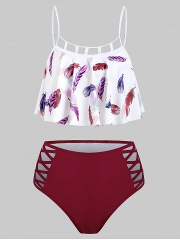 rosegal Feather Print Lattice Cutout Tankini Swimsuit