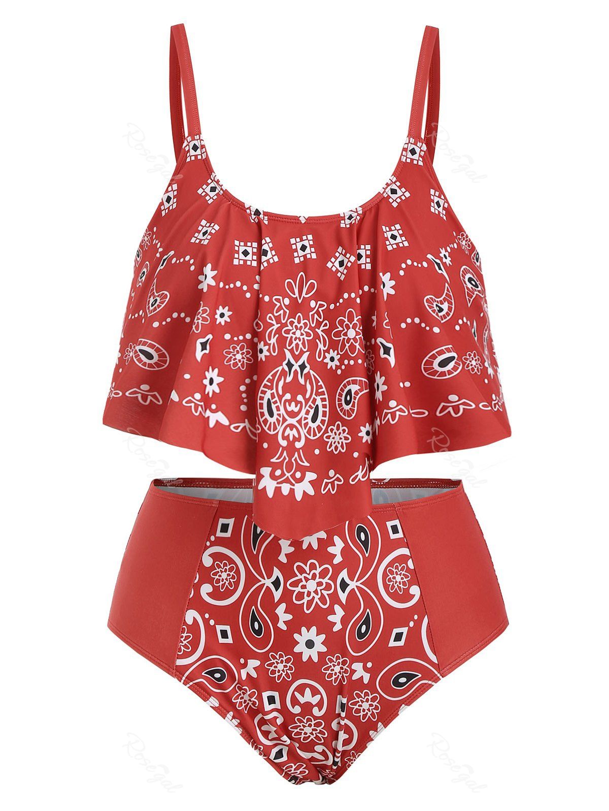 

Overlay Ruffles Paisley Printed Plus Size Tankini Set, Lava red