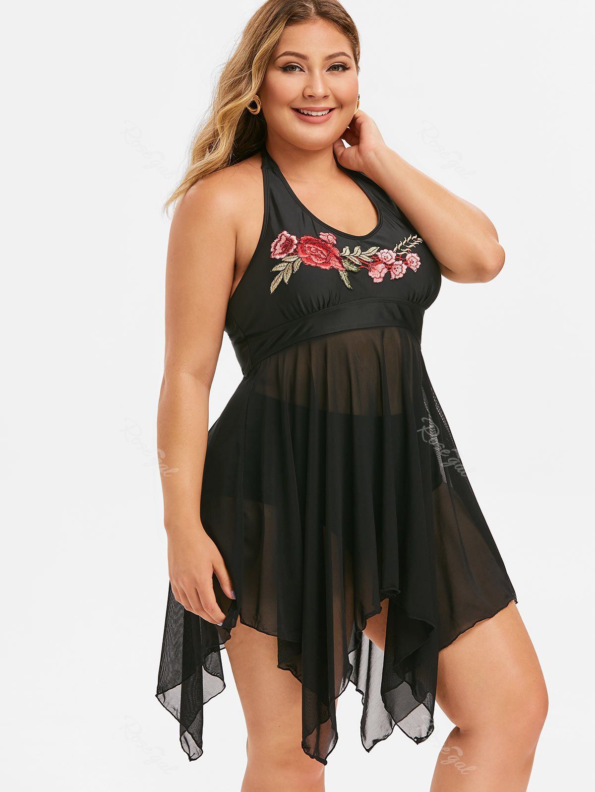 

Plus Size Halter Embroidered Skirted Tankini Swimsuit, Black