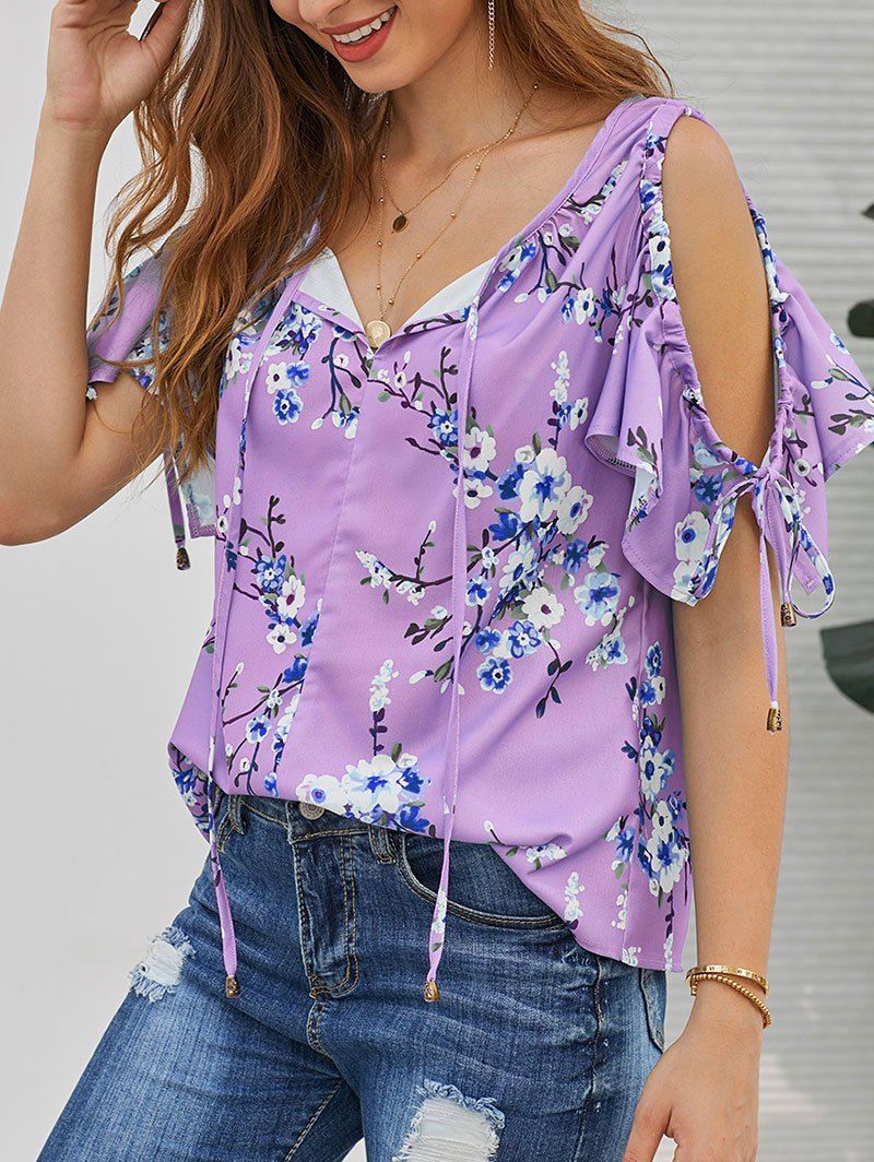

Ruffle Floral Open Shoulder Blouse, Mauve