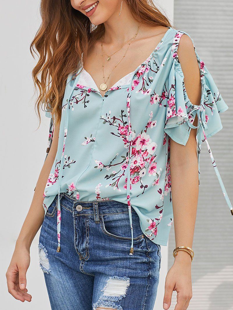 

Ruffle Floral Open Shoulder Blouse, Light blue