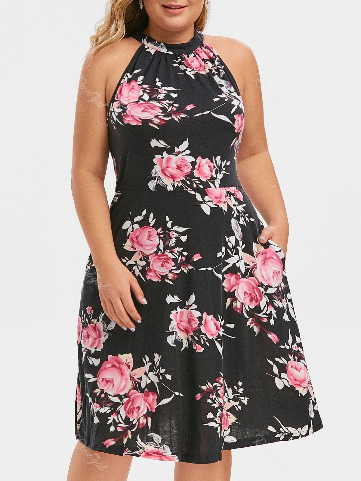 

Keyhole Knotted Back Floral Plus Size Dress, Black