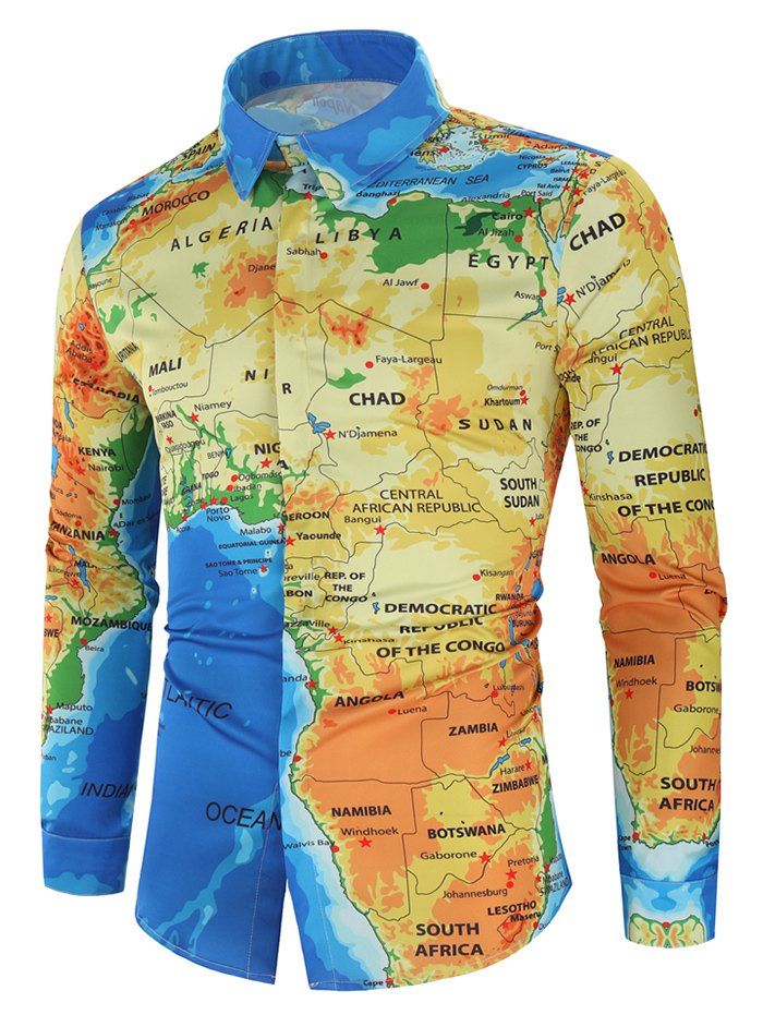 

African Map Print Hidden Button Shirt, Multi