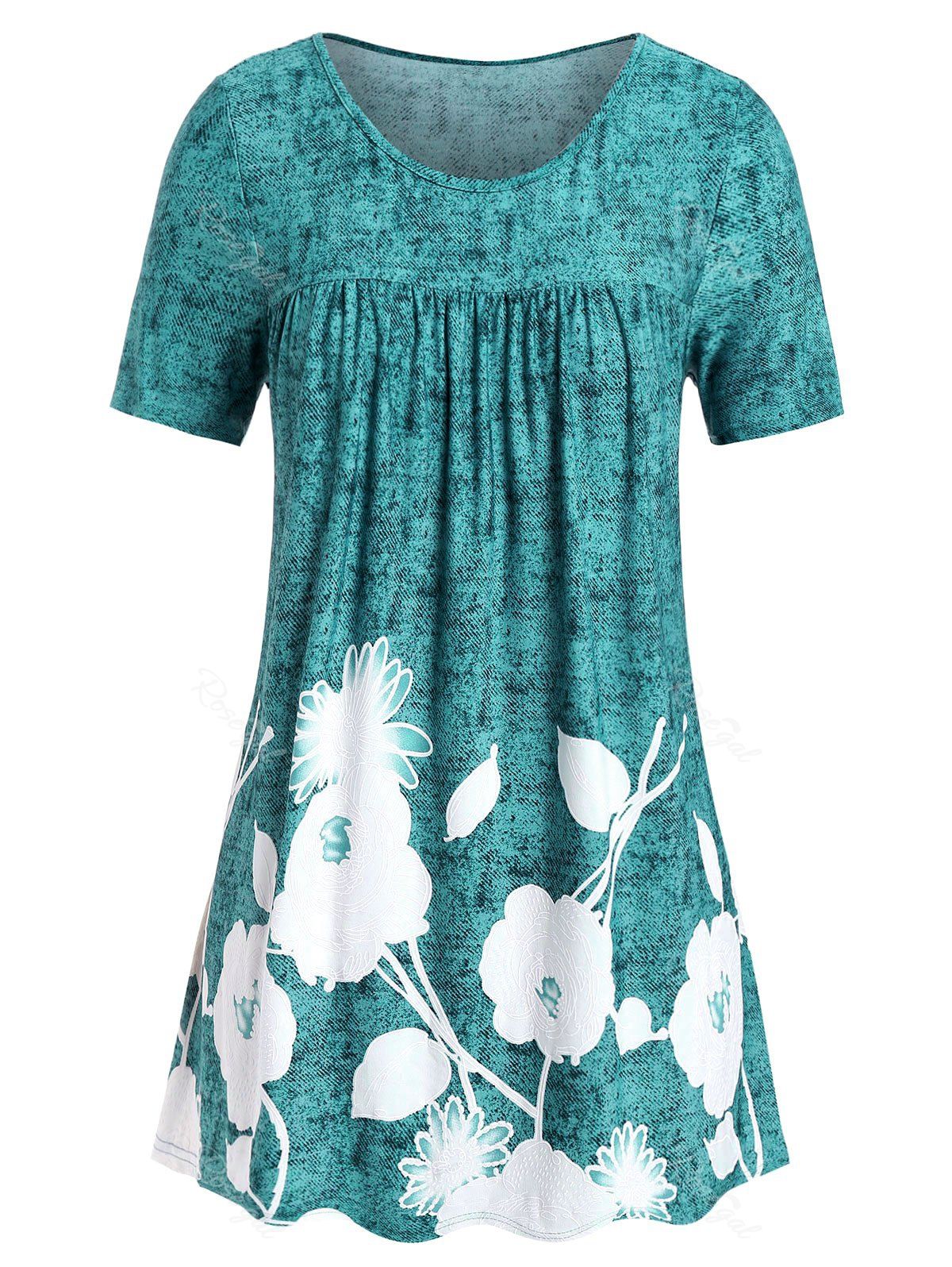 

Plus Size Floral Print Flare T Shirt, Medium turquoise