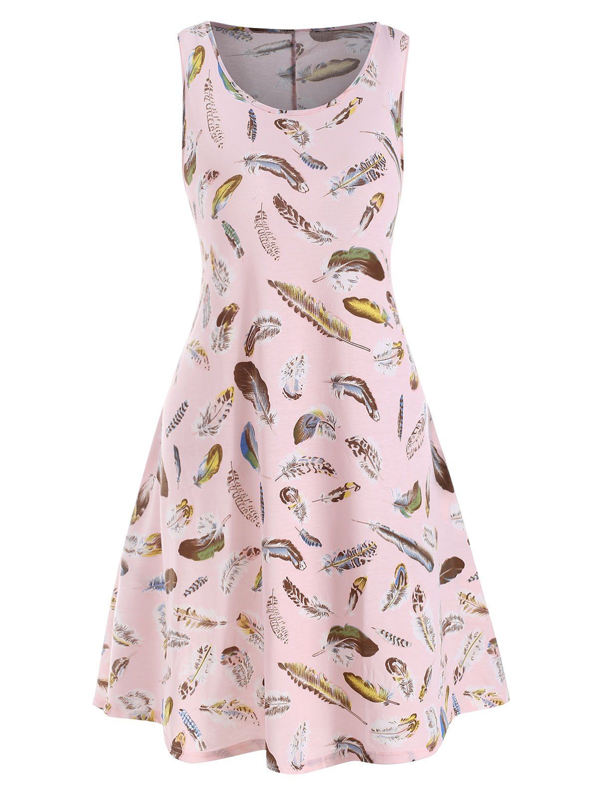

Seam Pockets Sleeveless Feather Print Plus Size Dress, Pink