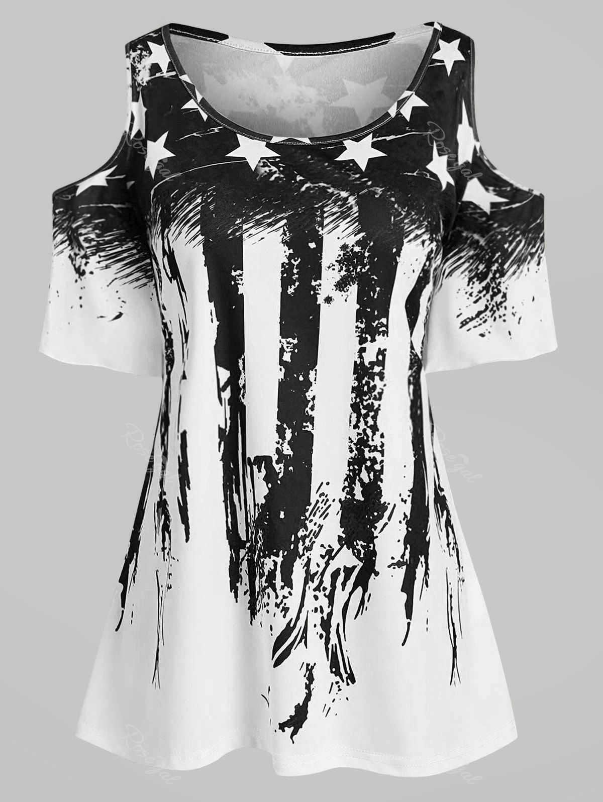 

Plus Size American Flag Cold Shoulder T Shirt, Black