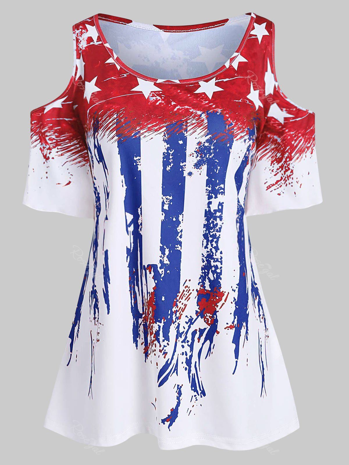 

Plus Size American Flag Cold Shoulder T Shirt, Red