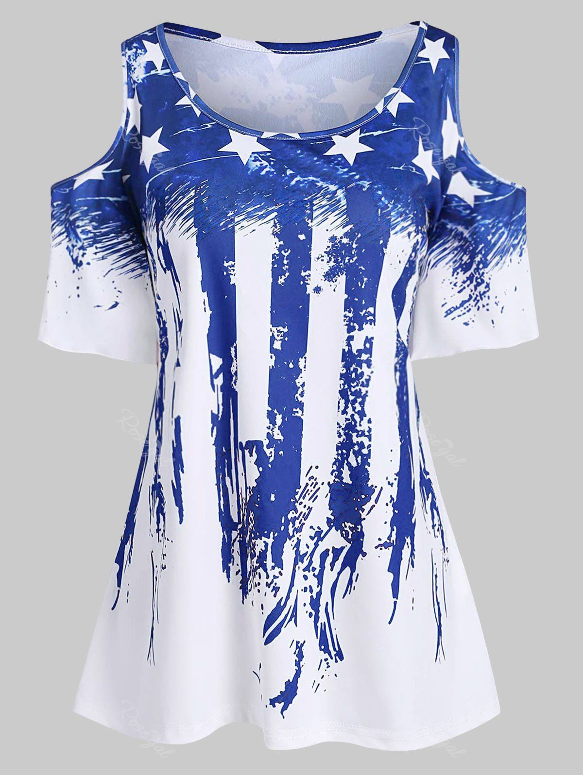 

Plus Size American Flag Cold Shoulder T Shirt, Blue