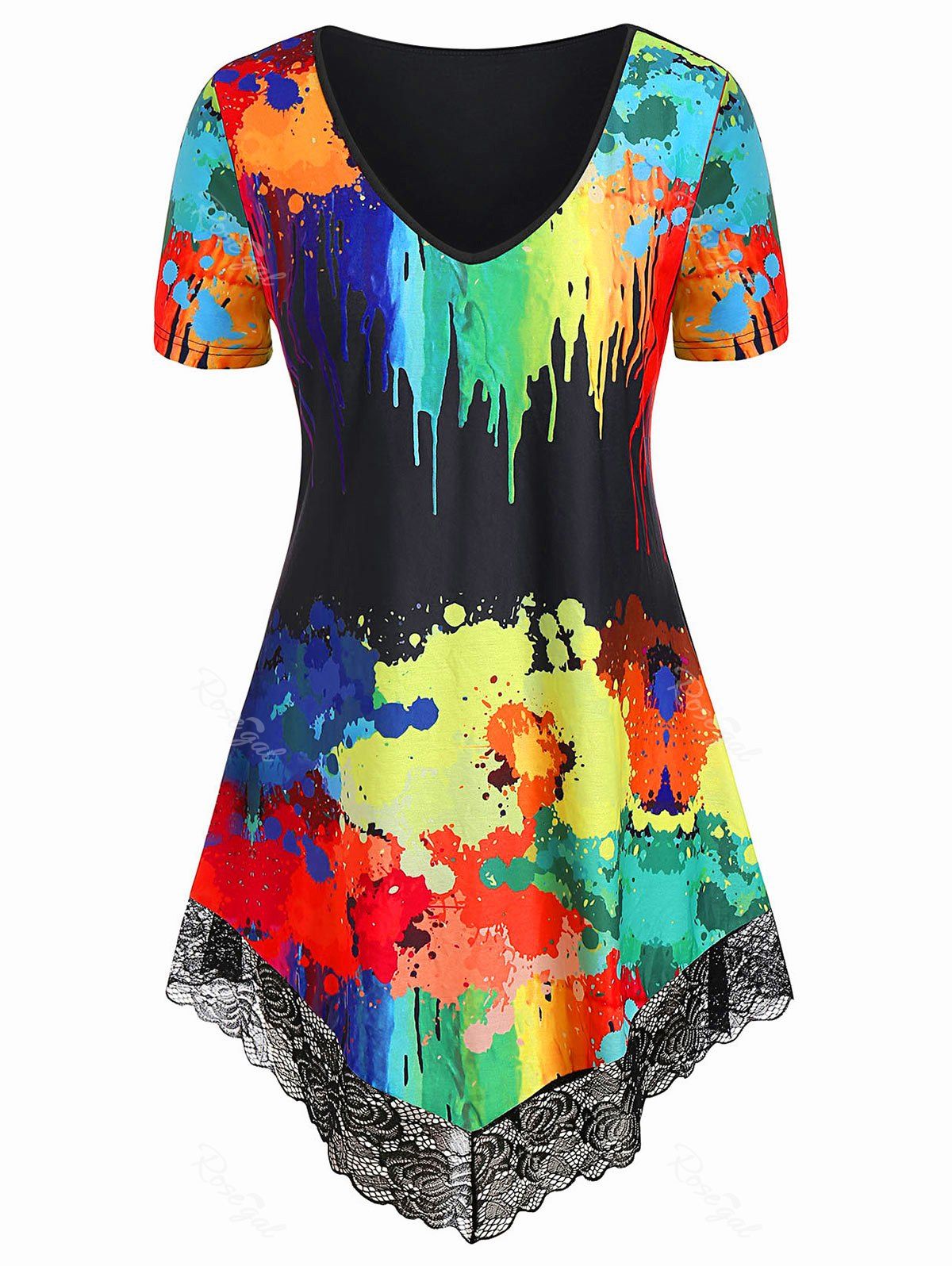 

Plus Size Lace Trim Splatter Paint T-shirt, Black