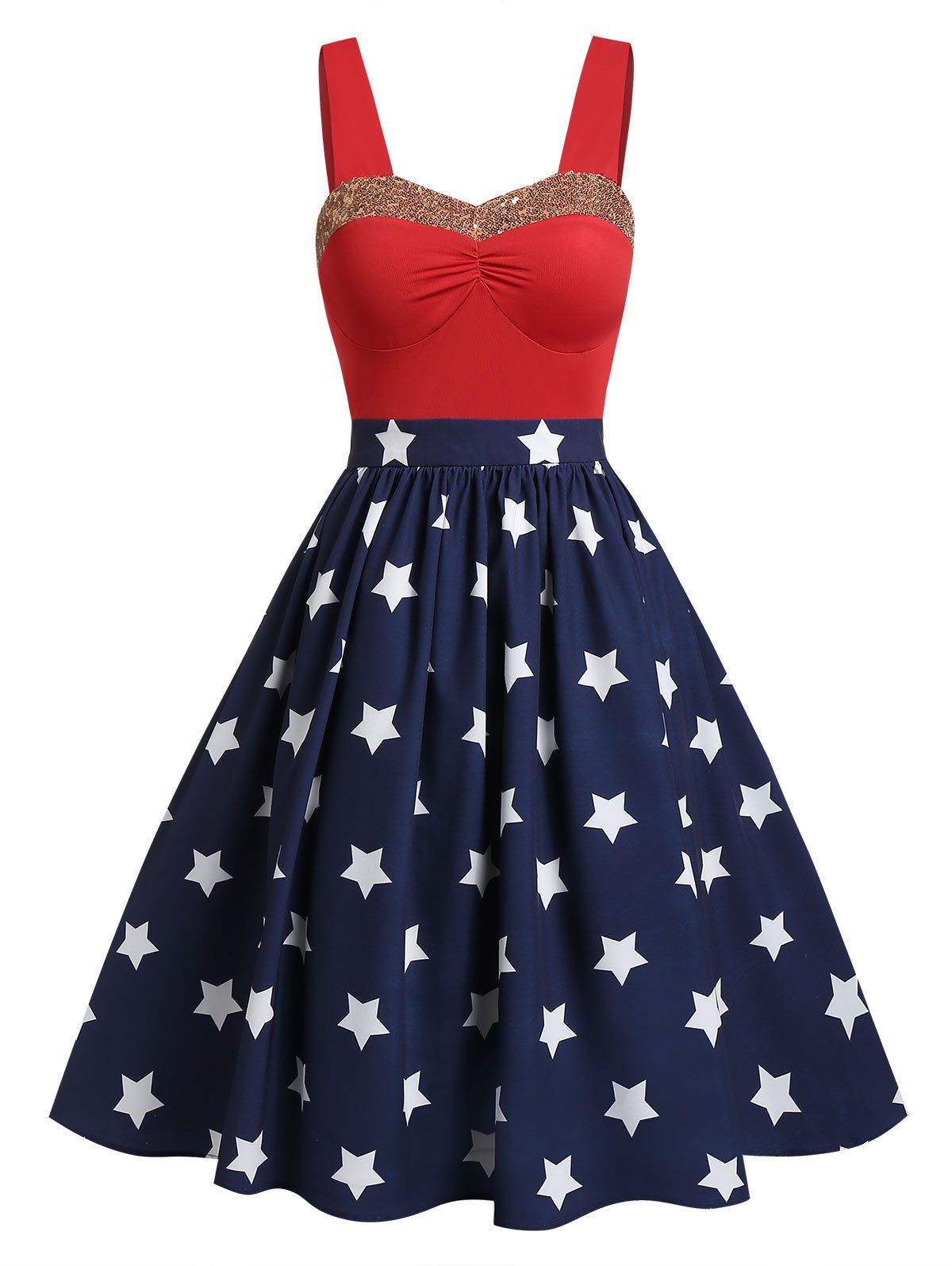 

Sweetheart Collar Glitter American Flag Print Dress, Red