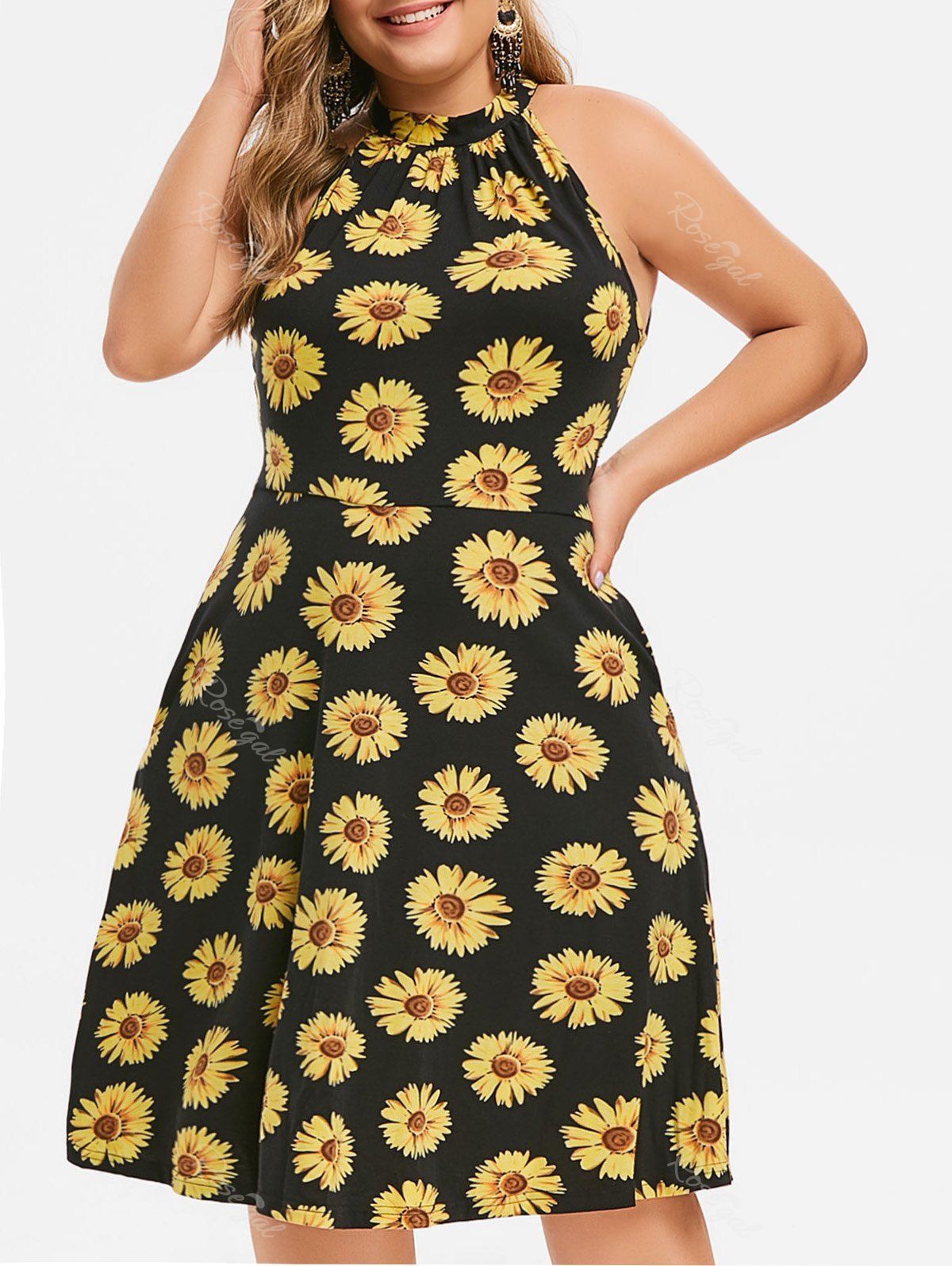 

Knotted Sunflower Seam Pockets Plus Size Dress, Black