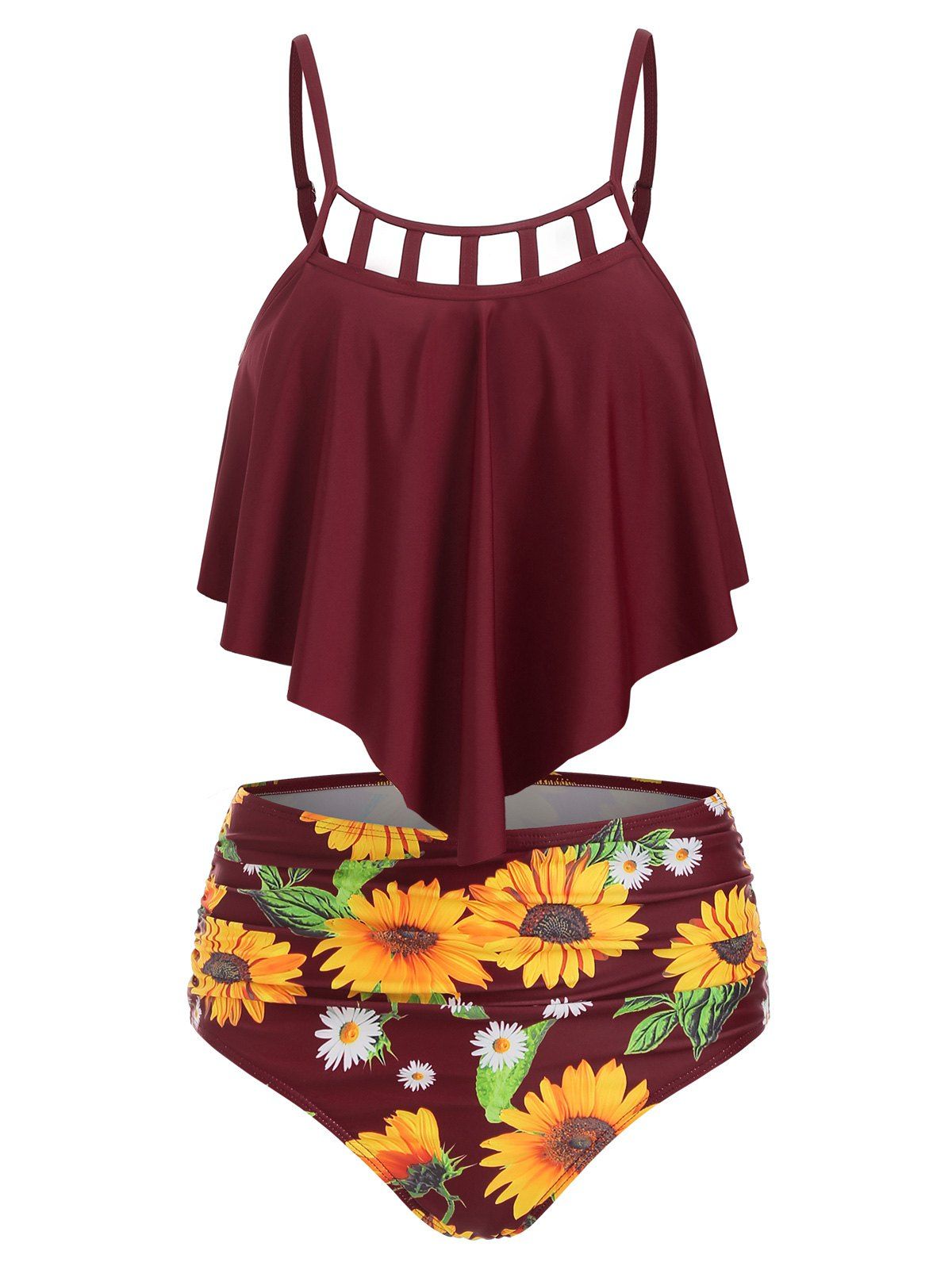 

Ruched Sunflower Overlay Tankini Set, Red wine