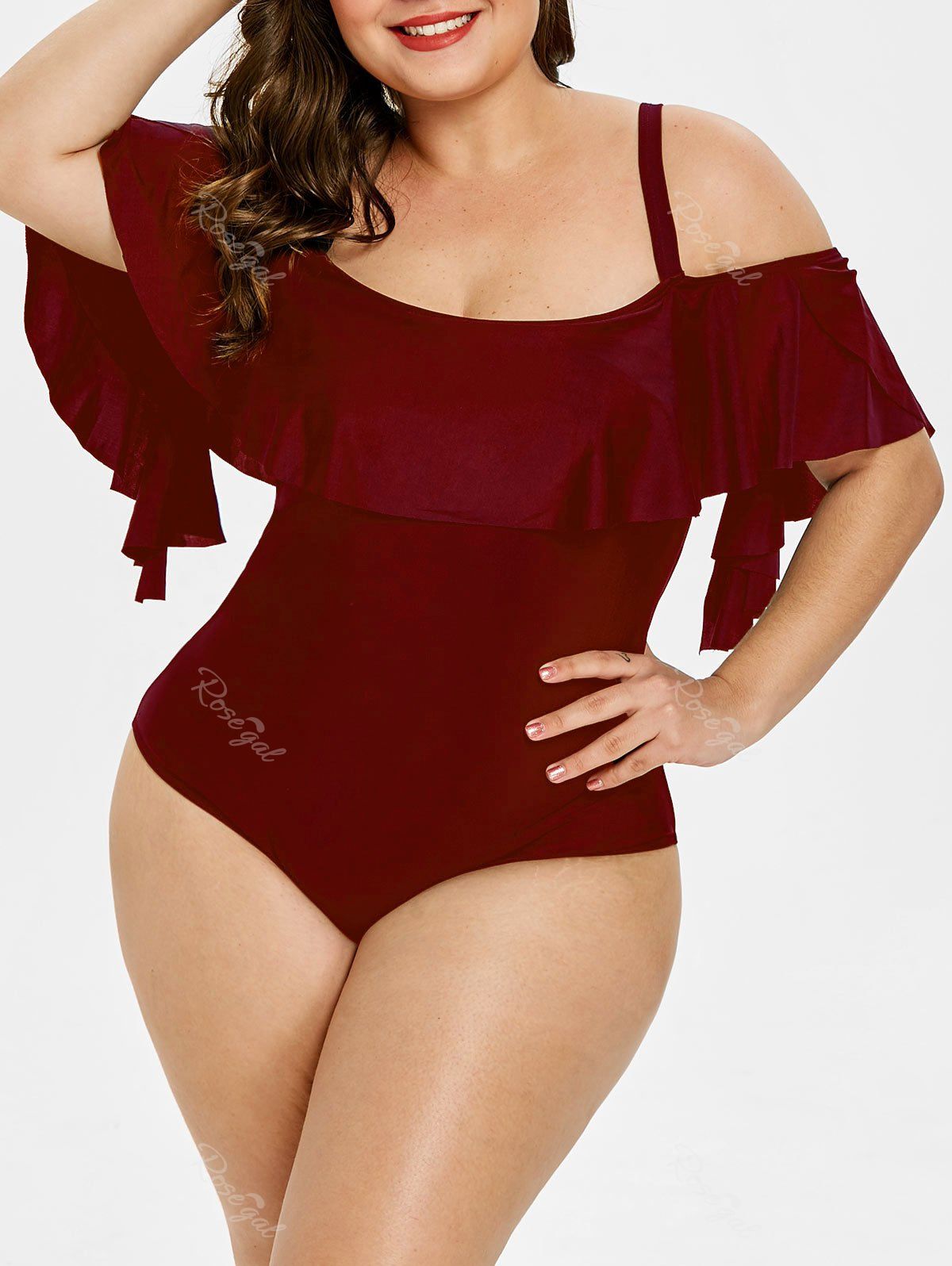 

Back Cut Out Plus Size Ruffle Embellished Swimwear, Red wine
