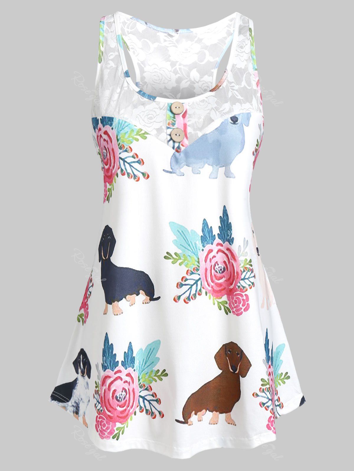 

Plus Size Button Lace Insert Animal Print Tank Top, Milk white