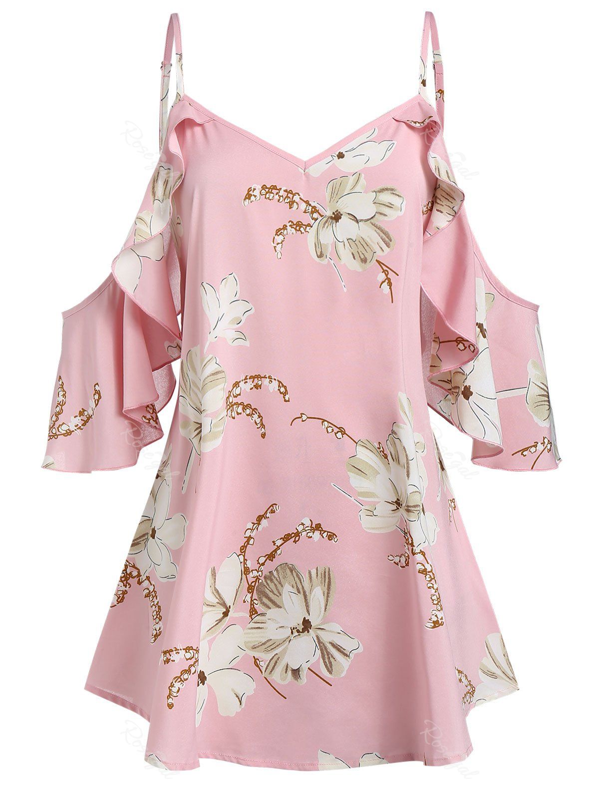 

Plus Size Cold Shoulder Flounce Ditsy Print T Shirt, Rose