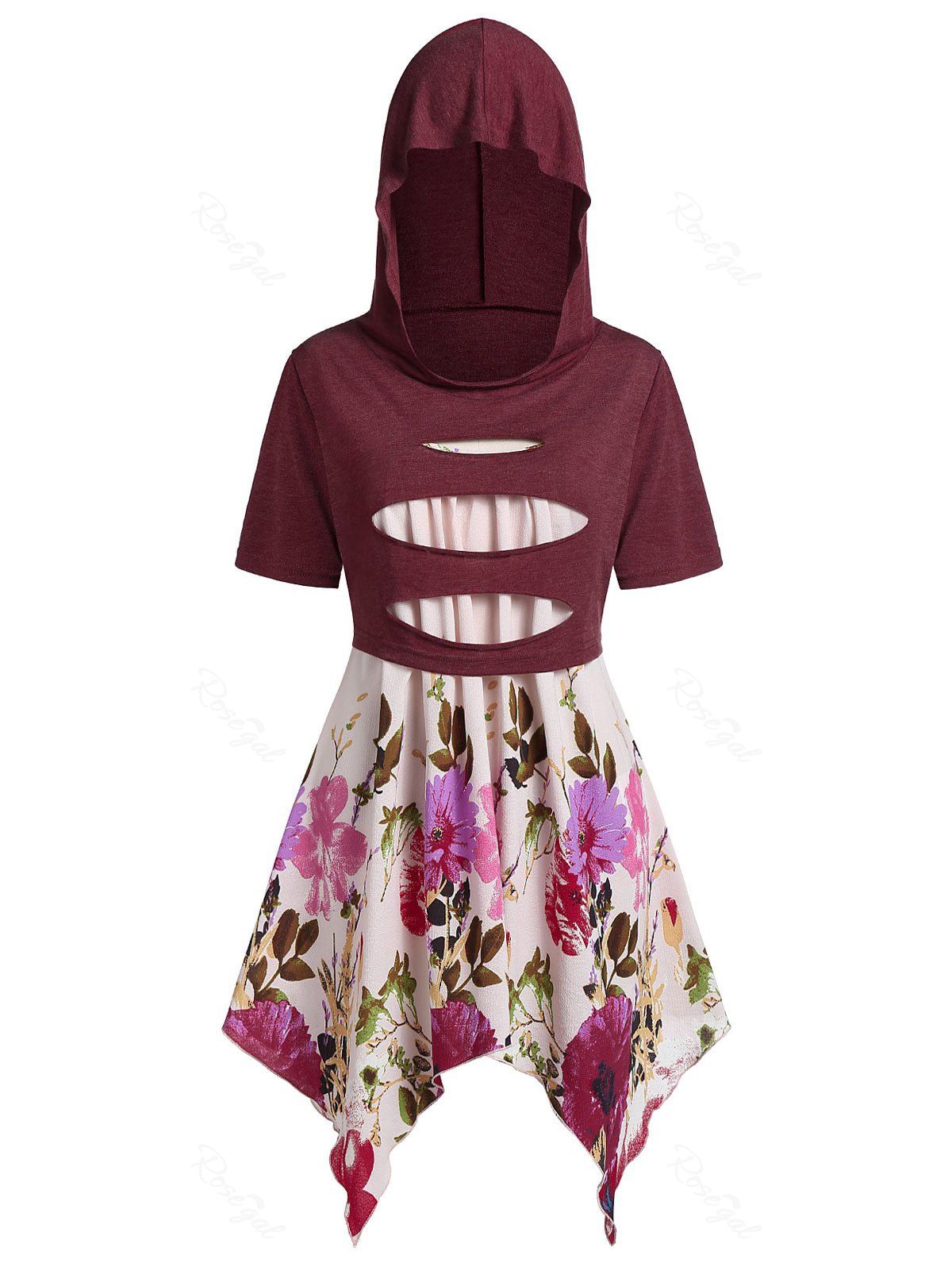 

Plus Size Handkerchief Floral Cami With Hooded Ripped Top, Red wine