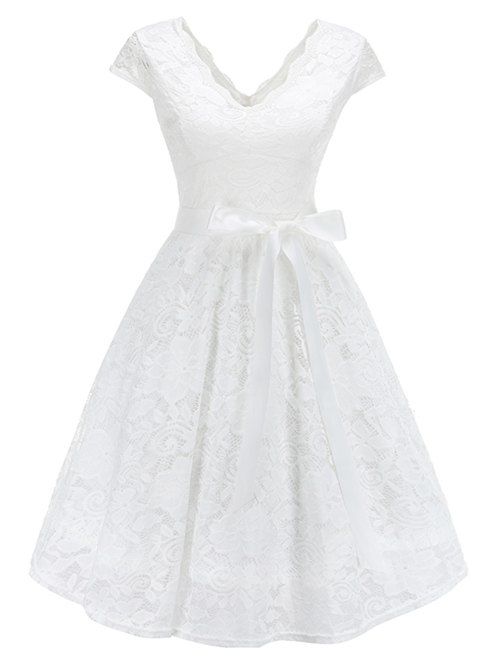 

V Neck Lace A Line Belted Dress, White