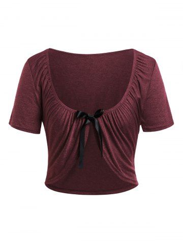 

Plus Size Pleated T Shirt with Lace Panel Tank Top, Red wine