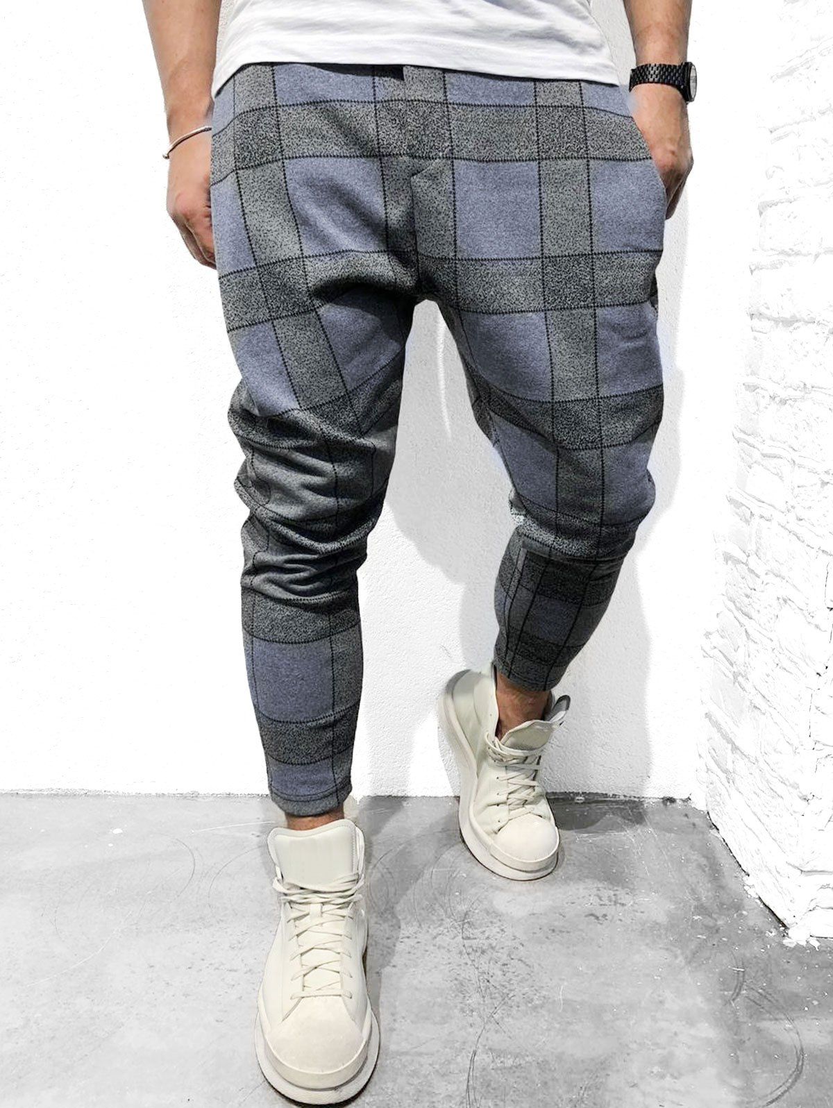 

Plaid Print Design Casual Pants, Gray goose