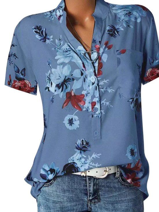 

Front Pocket Floral V Neck Blouse, Blue gray