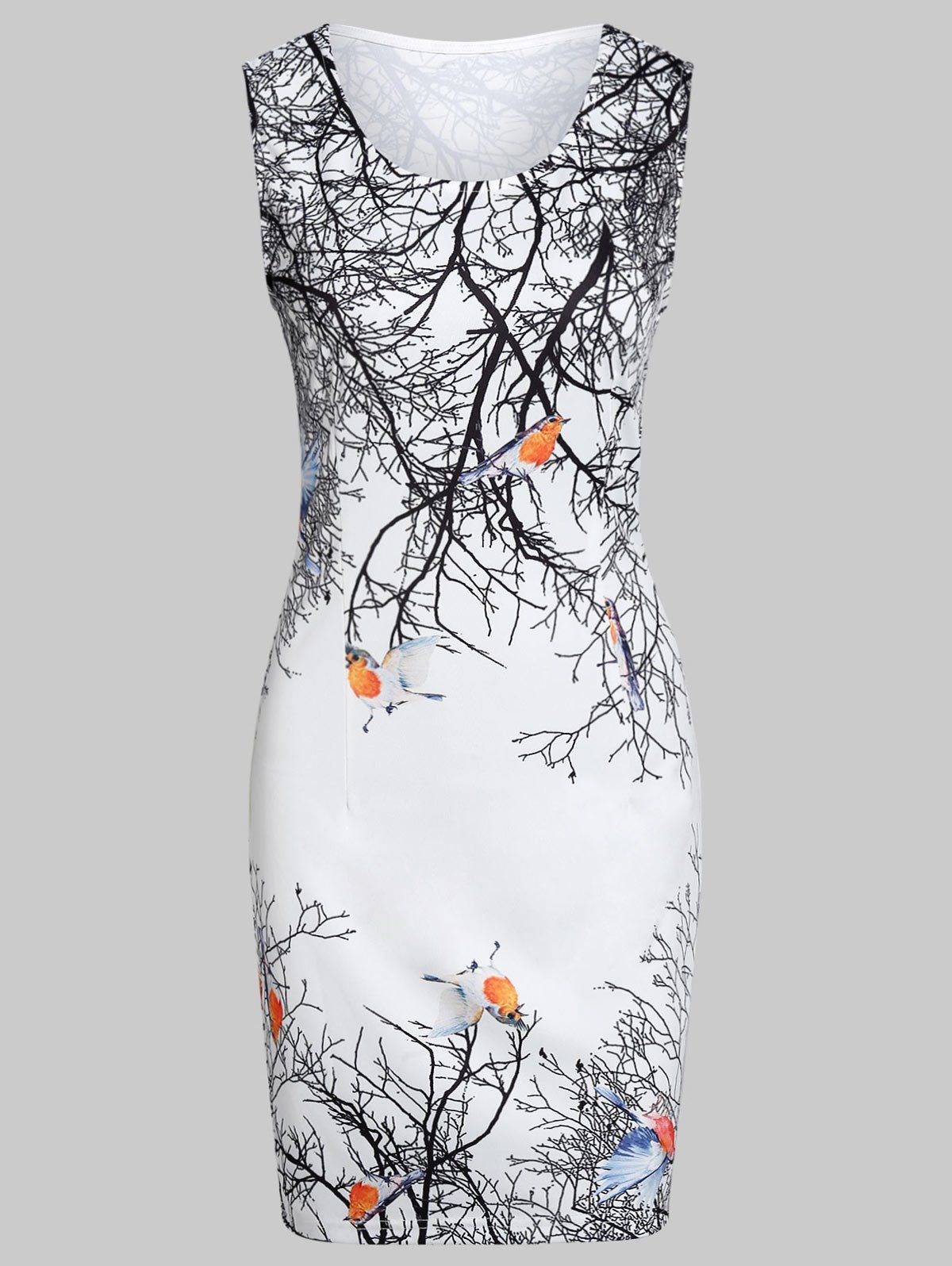 

Birds Printed Sleeveless Bodycon Dress, White