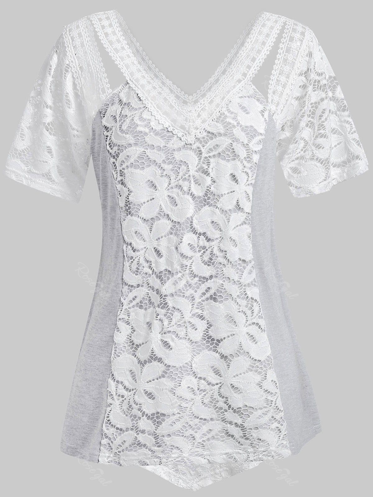 

Plus Size Lace Insert See Thru Cut Out T Shirt, White