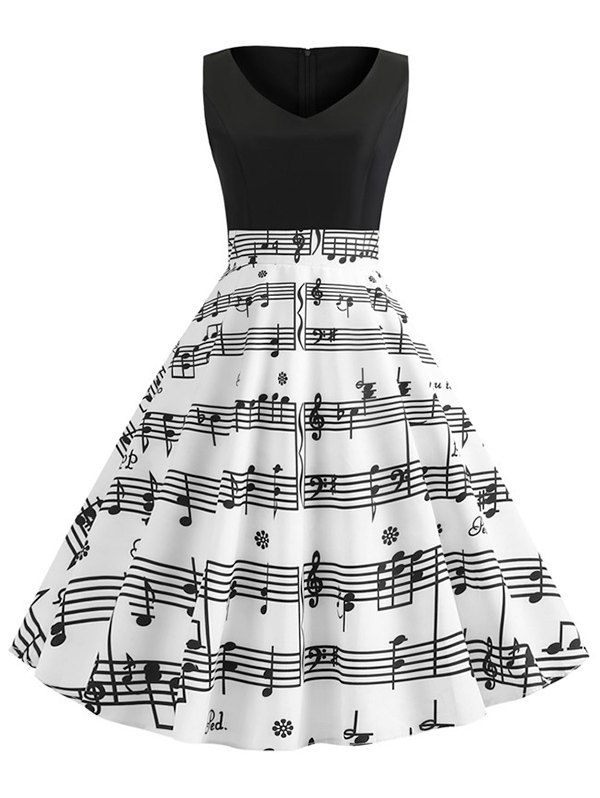 

V Neck Musical Note Print Dress, Black