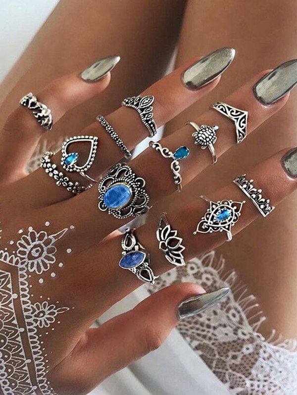 

13Pcs Vintage Hollow Faux Gem Ring Set, Silver