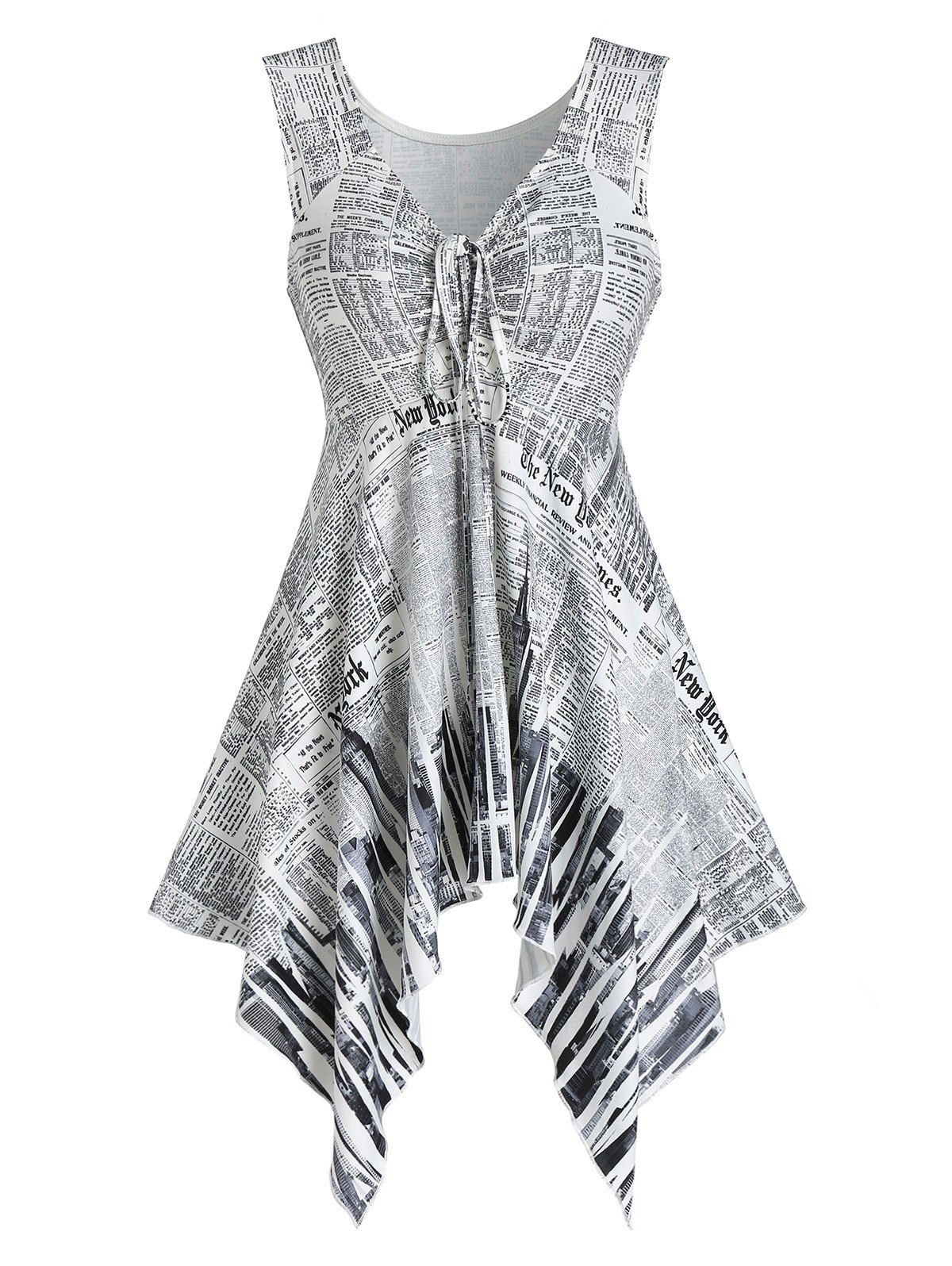 

Asymmetric Newspaper Print Tunic Tank Top, White