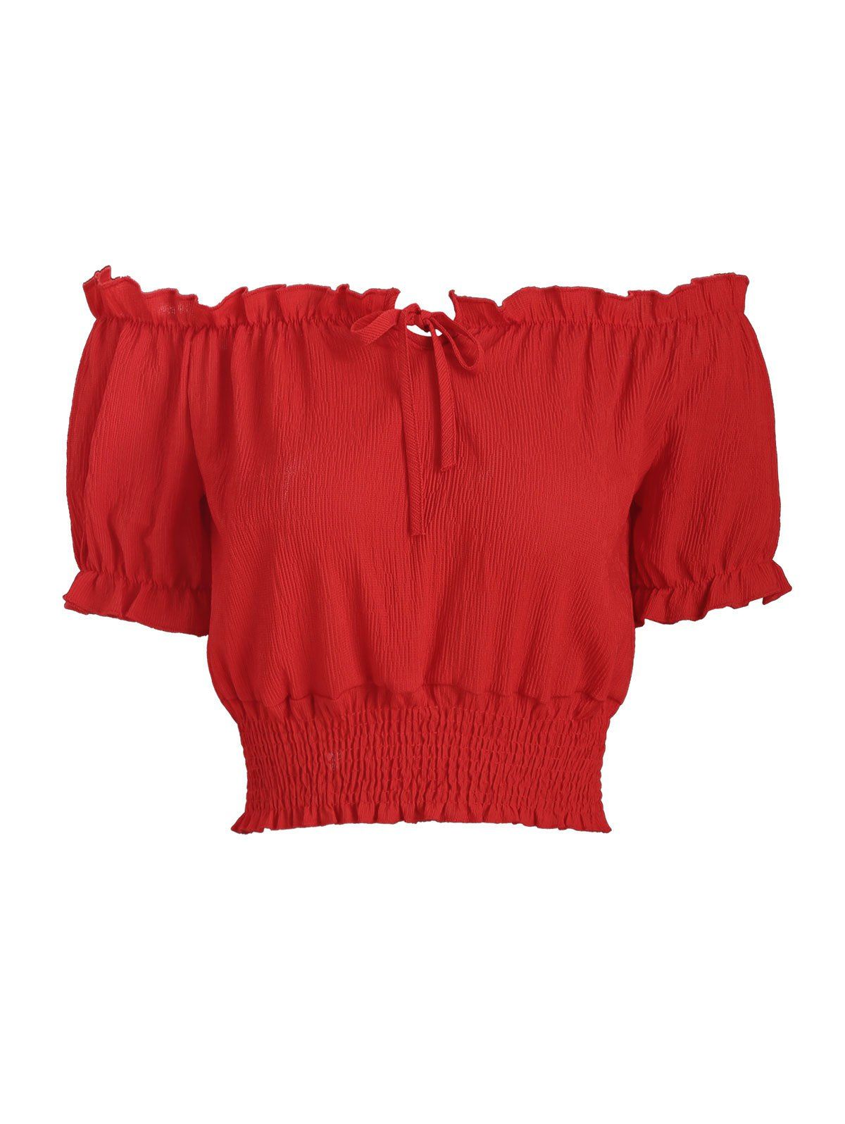 

Tie Frilled Shirred Waist Off The Shoulder Top, Red