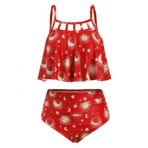 

Plus Size Ruffle Sun Moons Print Tankini Set, Red