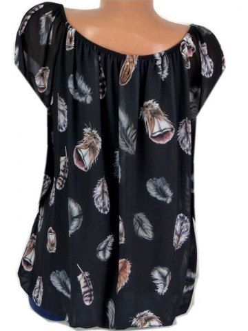 

Plus Size Feather Print Keyhole Blouse, Black