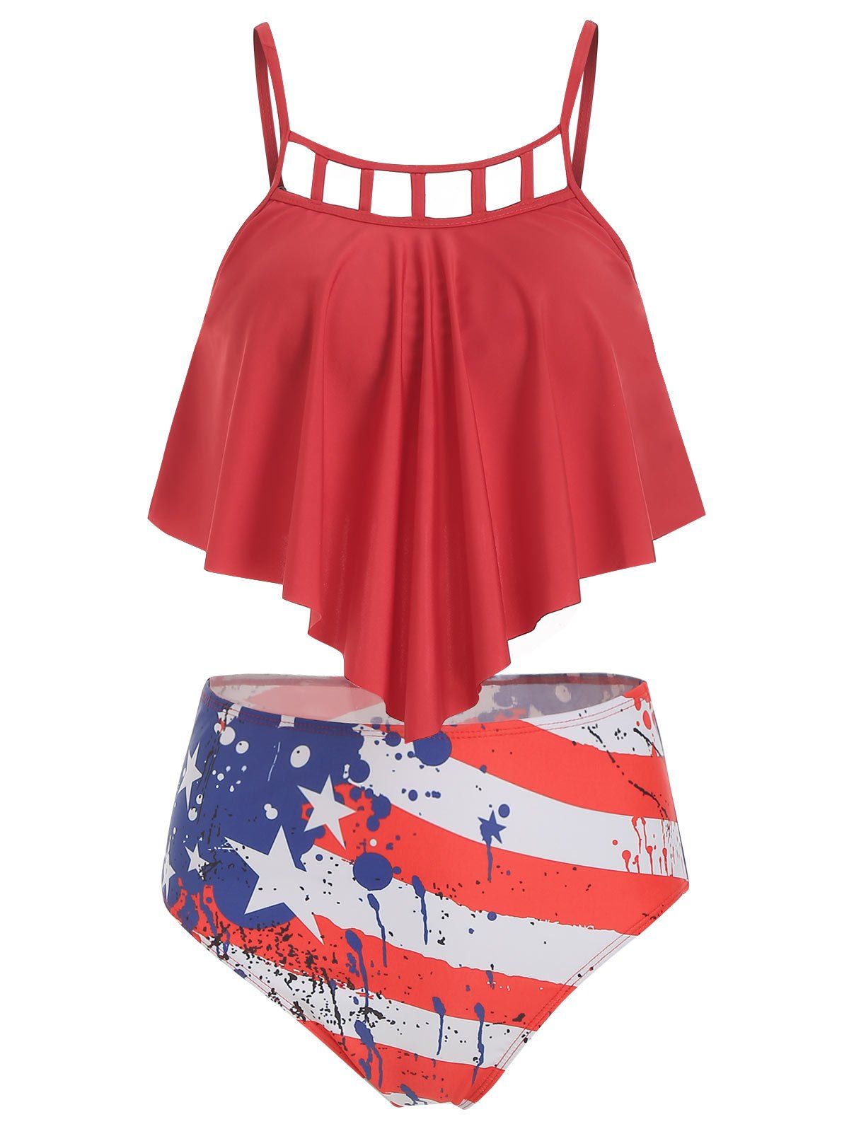 

American Flag Overlay Padded Tankini Swimsuit, Red