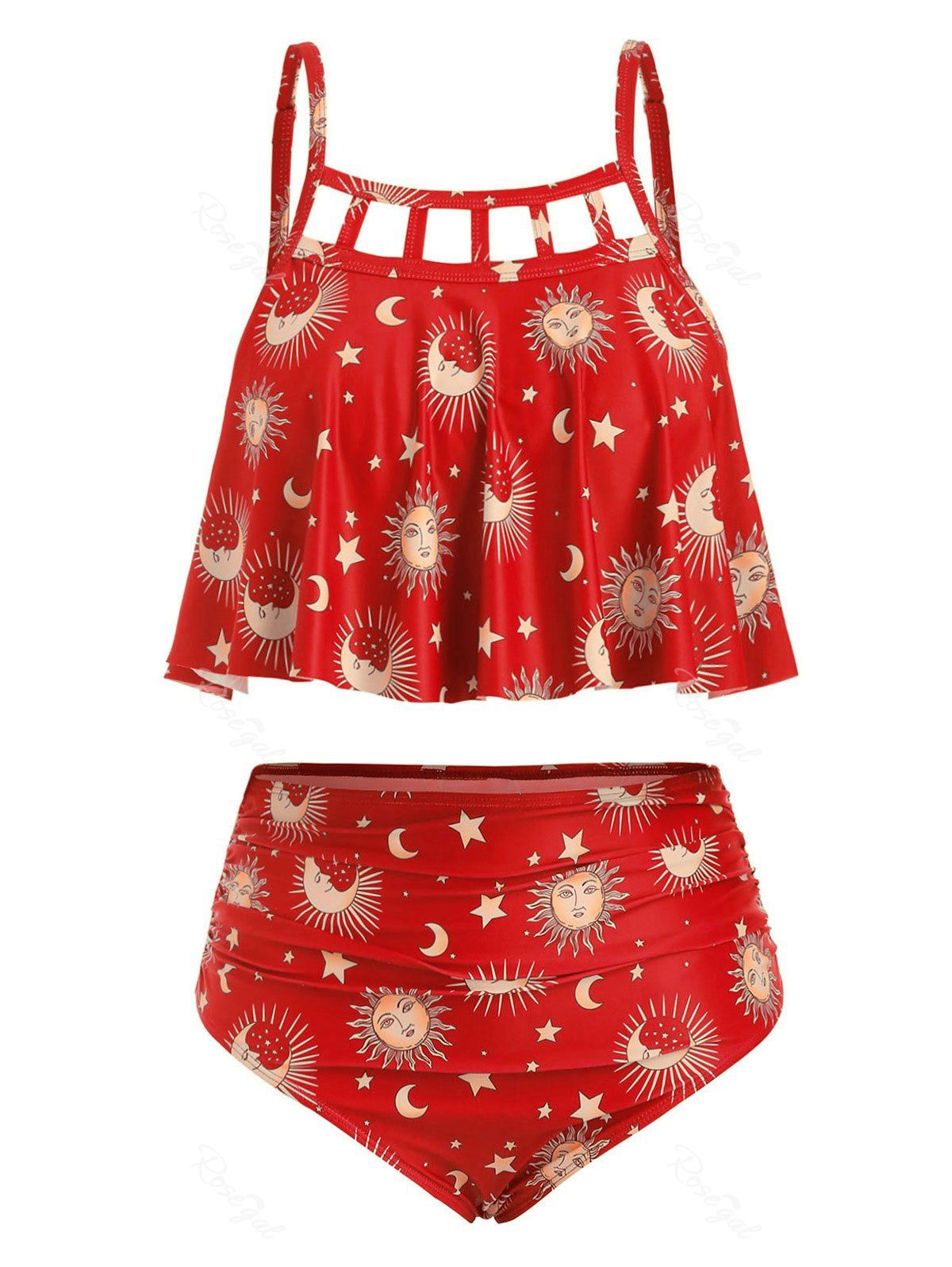 

Plus Size Ruffle Sun Moons Print Tankini Set, Red