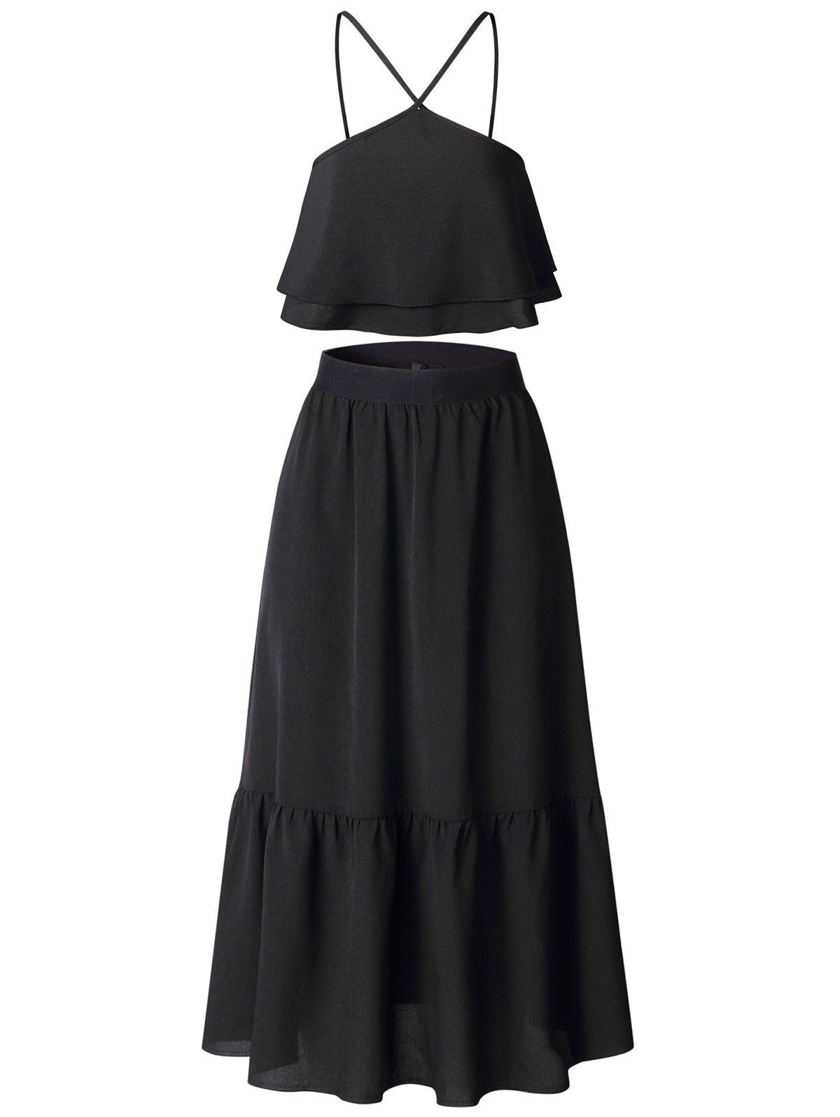 

Spaghetti Strap Flounce Two-Piece Dress, Black
