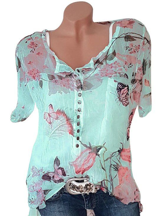 

Plus Size Flower Butterfly Print Front Button Blouse, Celeste