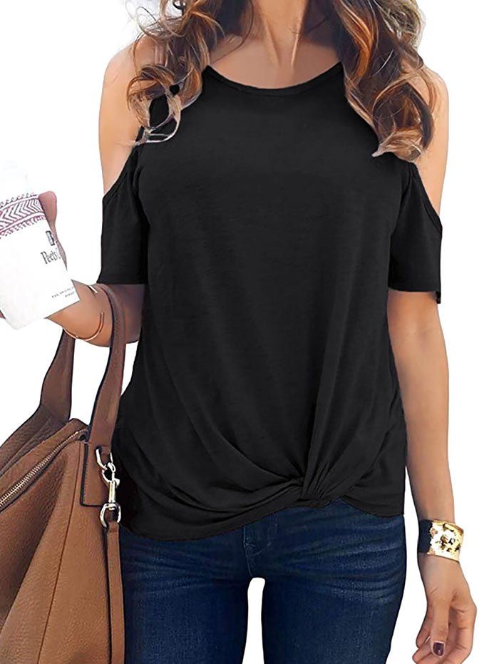 

Cold Shoulder Twisted Plain T-shirt, Black