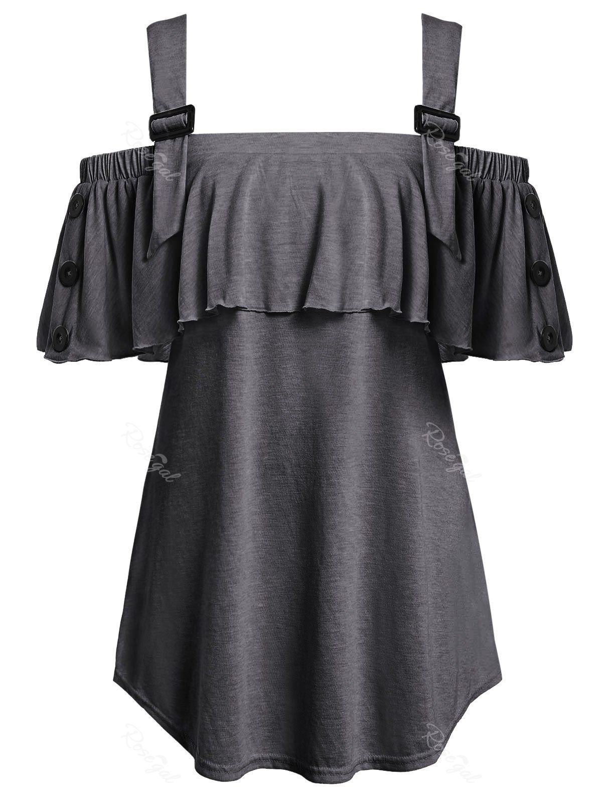 

Plus Size Open Shoulder Flounce T Shirt, Dark gray