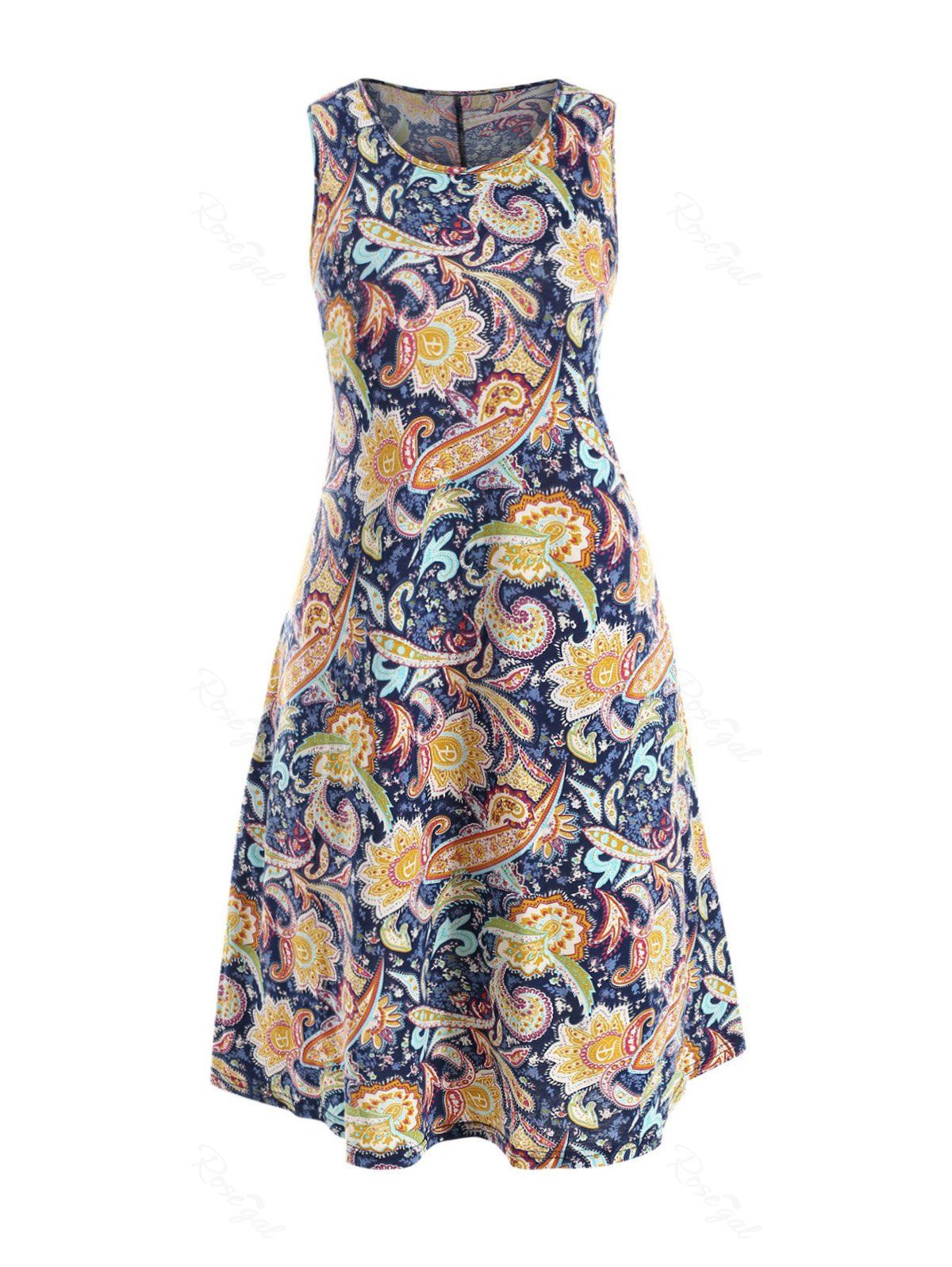 

Seam Pockets Paisley Printed A Line Plus Size Dress, Blue
