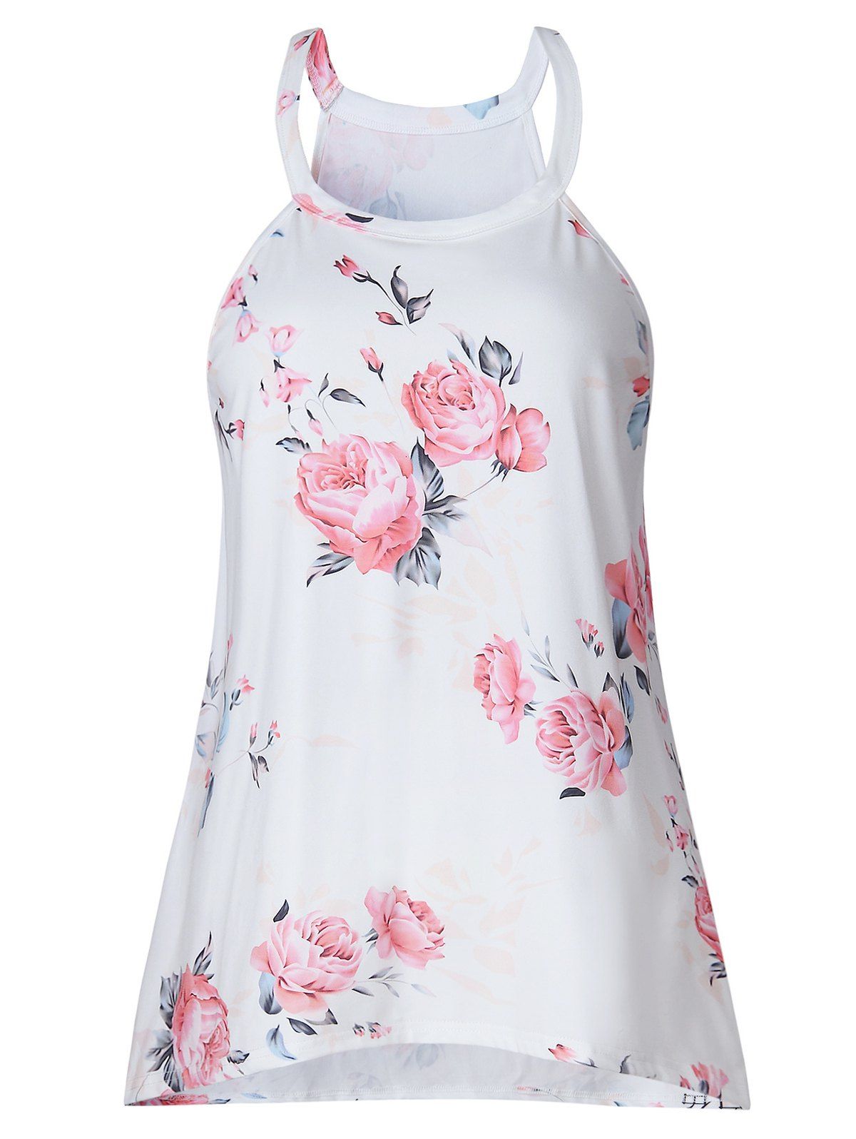 

Asymmetrical Flower Print Casual Tank Top, White